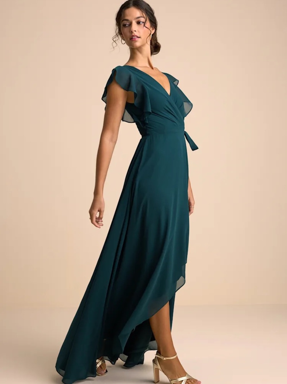 Lulus Ravishing Charm Ruffled Wrap High-Low Maxi Dress Emerald M
